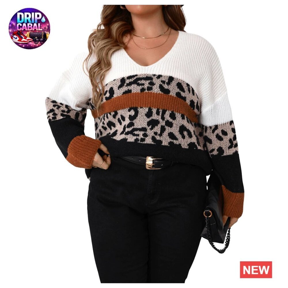 Plus Size V-Neck Pullover Sweater Leopard Color Block Knit Top Long Sleeve